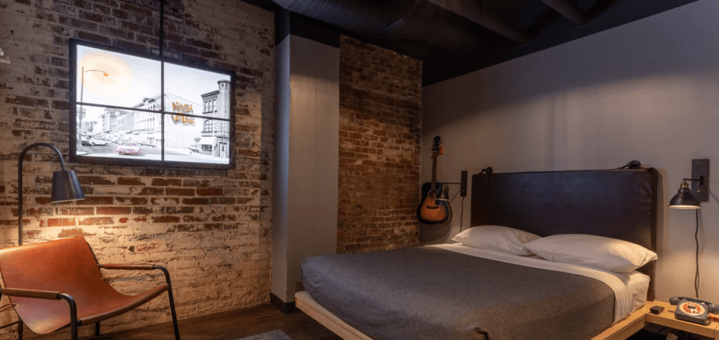 The Moxy is a trendy hotel one block from Broadway.